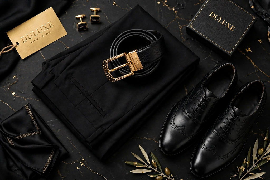 Pantalon habillé noir plié proprement avec une ceinture et des souliers élégants