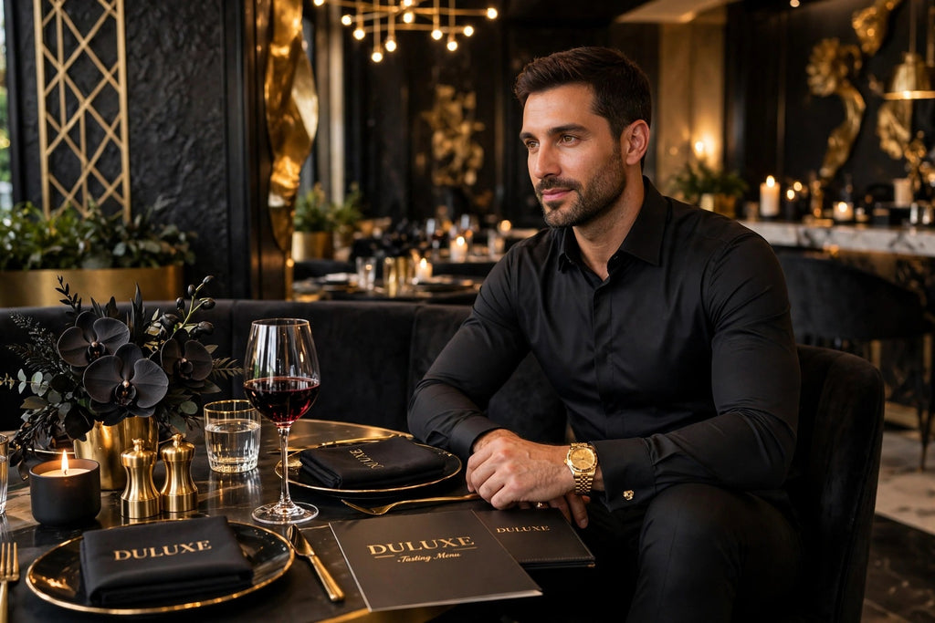 Homme élégant au restaurant portant le pantalon habillé extensible noir pour une sortie