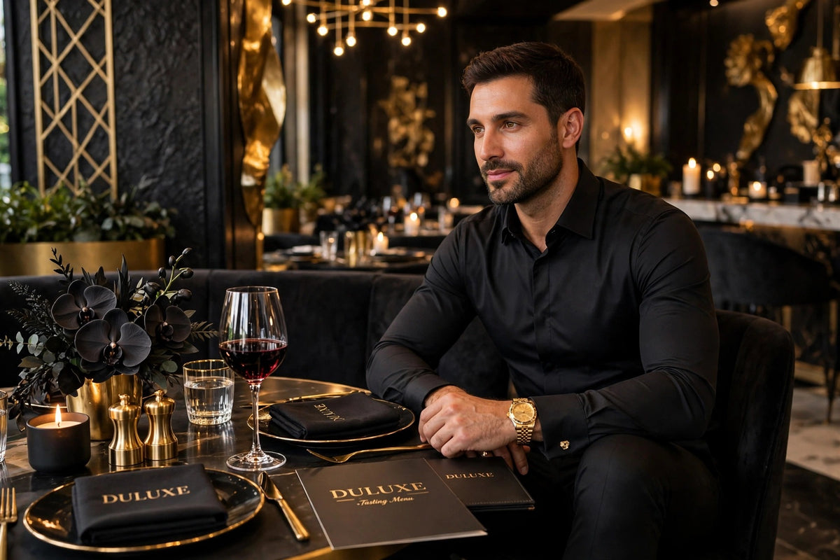 Homme élégant au restaurant portant le pantalon habillé extensible noir pour une sortie