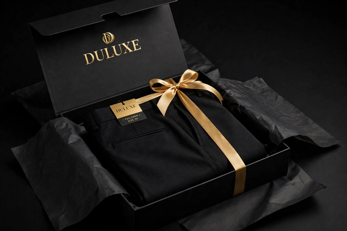 Pantalon habillé noir pour homme présenté dans un emballage cadeau noir au ruban doré DULUXE