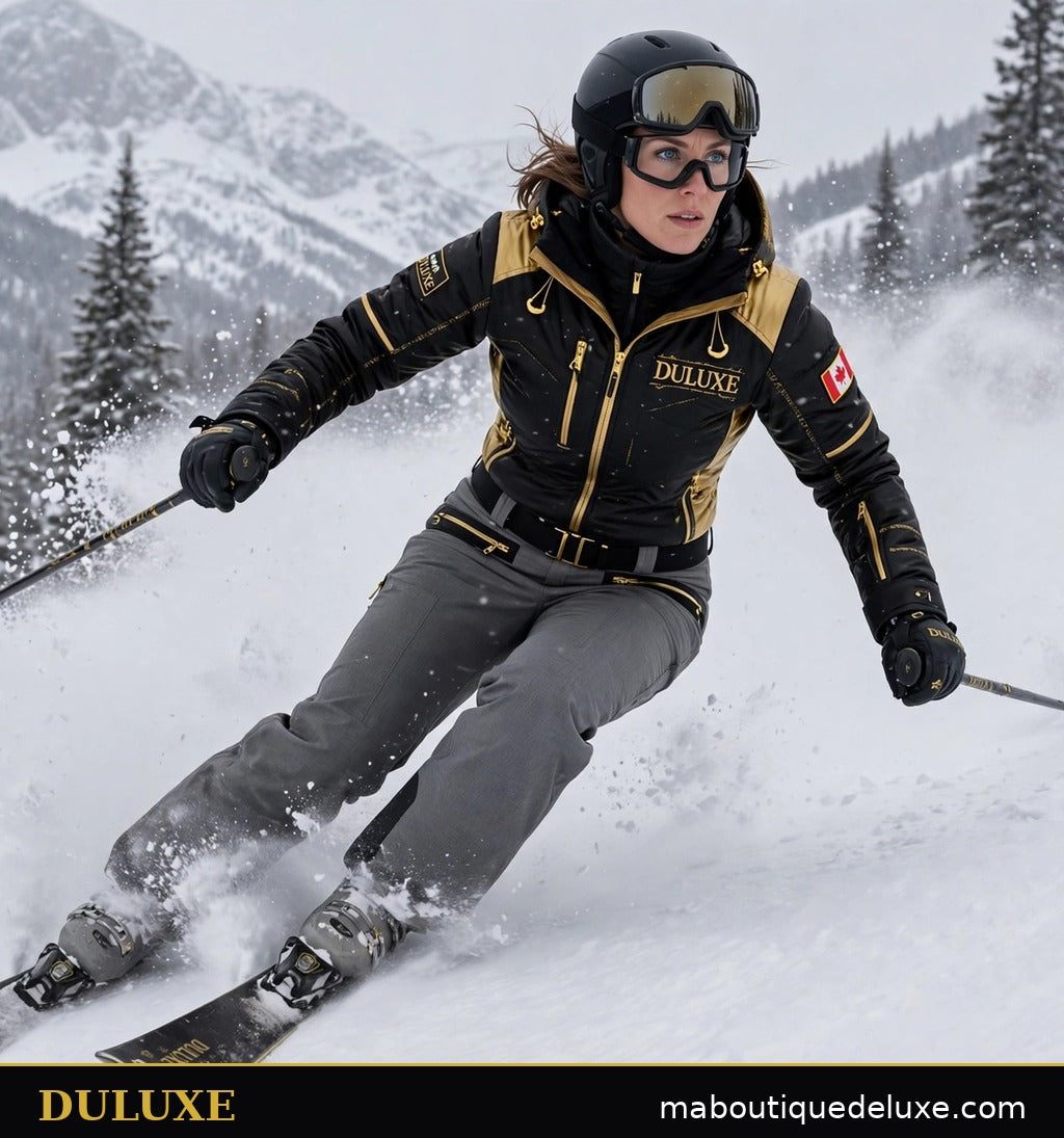 Pantalon de neige pour femme DULUXE gris porté en skiant sur une piste enneigée