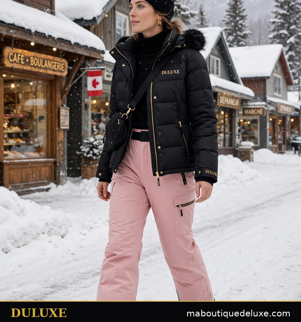 Pantalon de neige pour femme DULUXE rose poudré porté dans un village enneigé en hiver