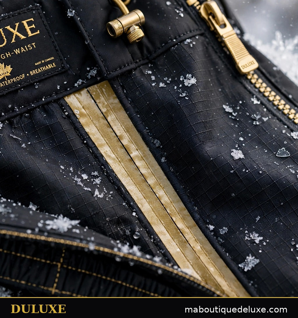Gros plan sur le tissu imperméable et les coutures renforcées du pantalon de neige pour femme DULUXE
