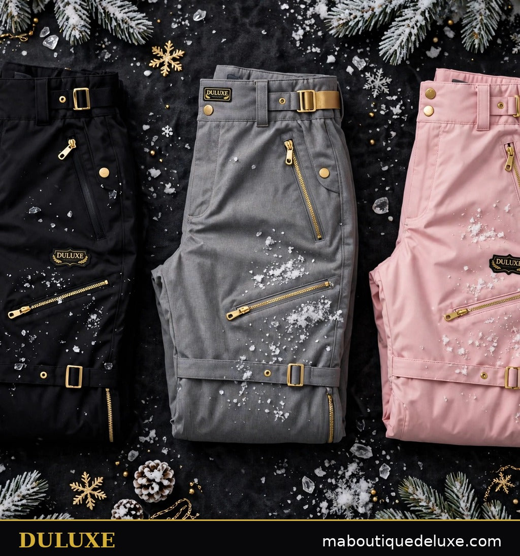 Pantalons de neige pour femme DULUXE à plat en trois couleurs : noir, gris et rose poudré, fond noir et doré