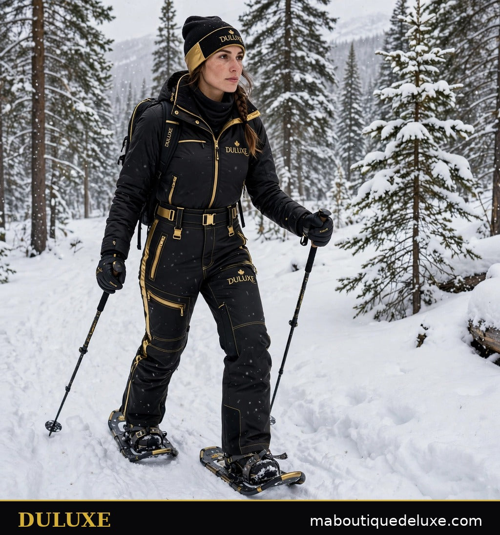Pantalon de neige pour femme DULUXE porté en raquettes dans une forêt enneigée