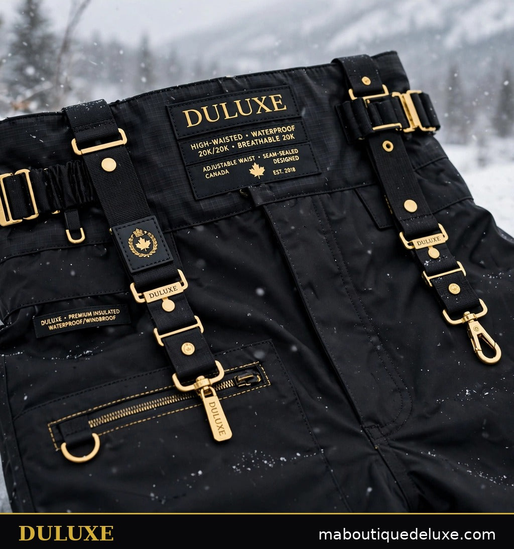 Détail de la taille haute ajustable et des renforts du pantalon de neige pour femme DULUXE