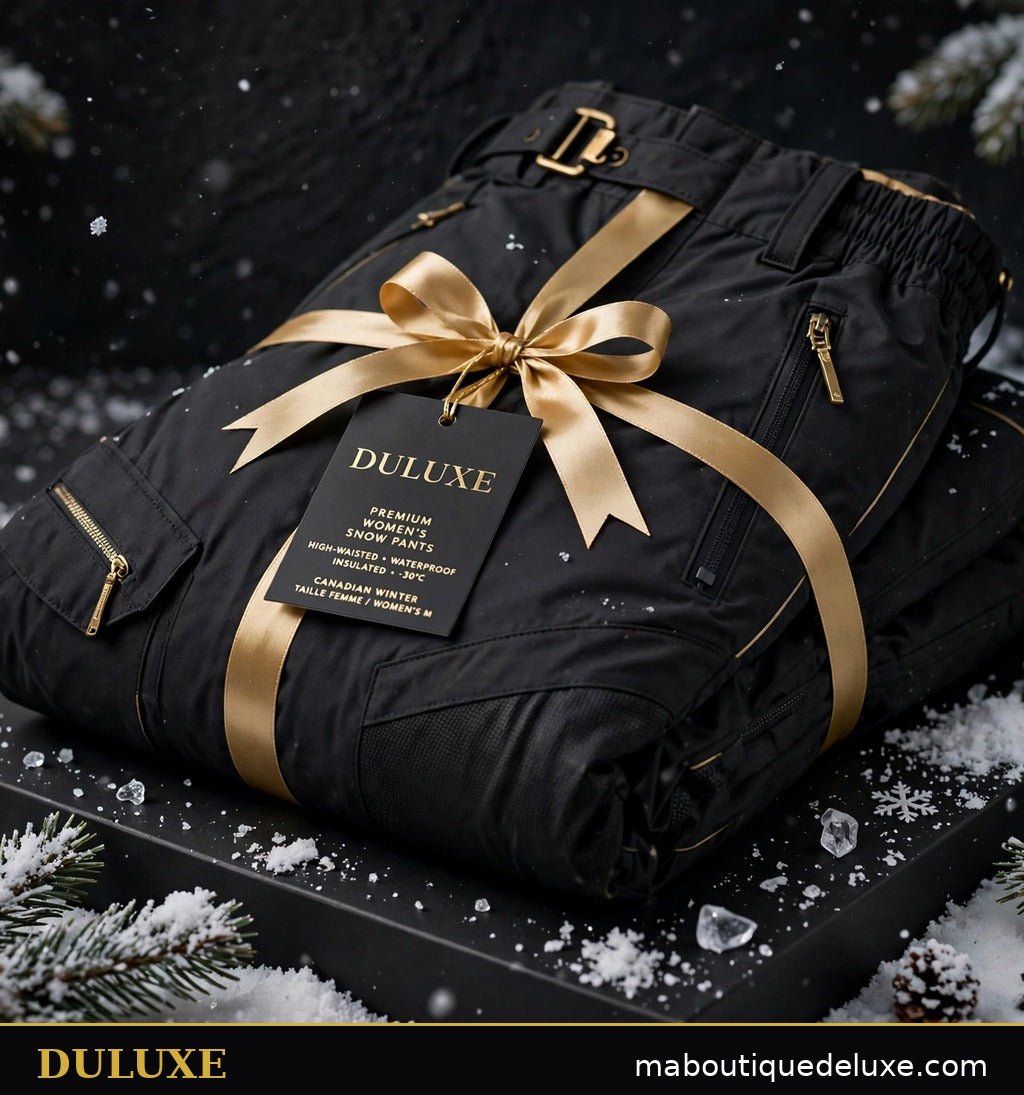 Pantalon de neige pour femme DULUXE plié en présentation cadeau élégante avec ruban doré sur fond noir
