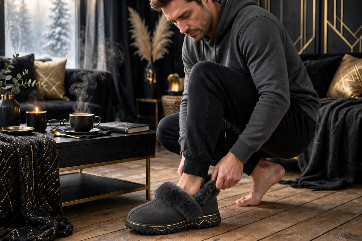 Homme enfilant ses pantoufles fourrées gris charbon sur un plancher de bois froid un matin d'hiver, intérieur douillet et tasse de café sur la table basse
