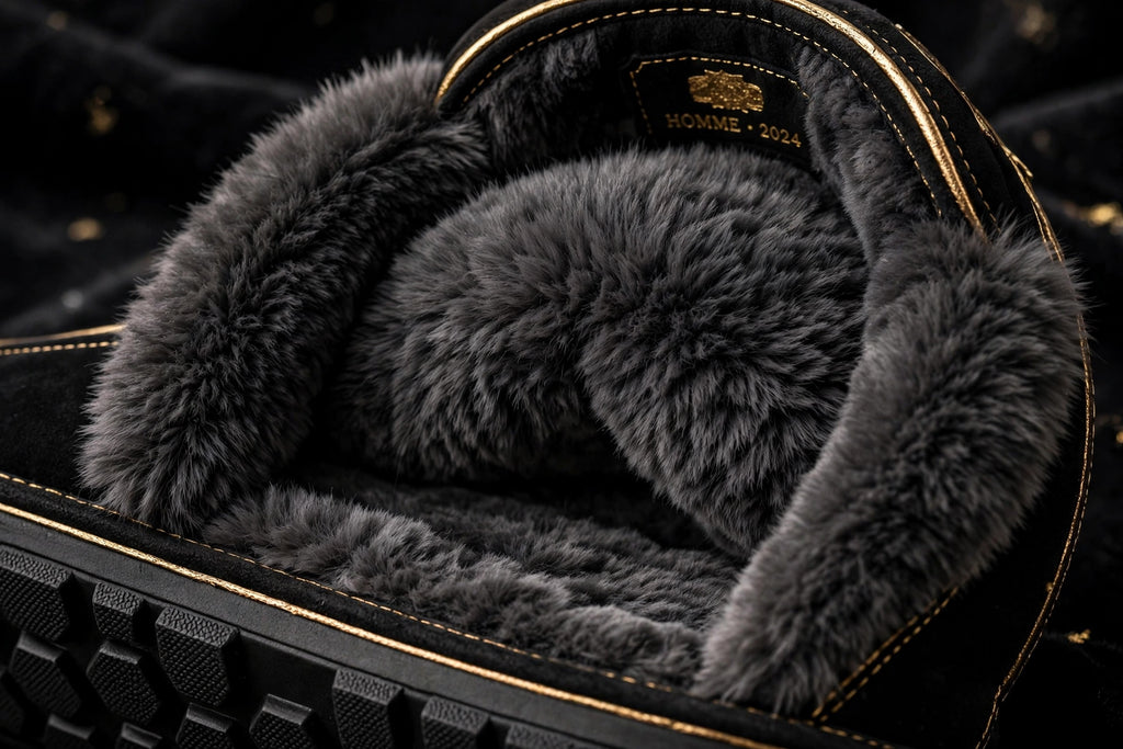 Gros plan sur l'intérieur fourré épais et la peluche dense des pantoufles pour homme, douceur visible