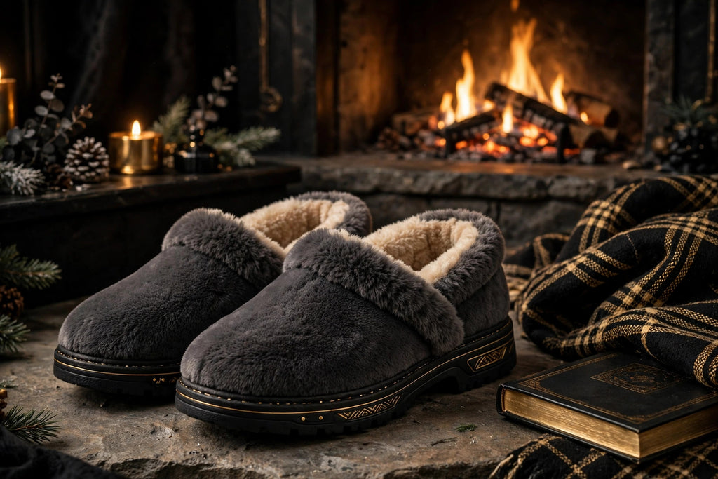 Pantoufles pour homme posées devant un foyer allumé, ambiance cocooning d'hiver avec un plaid et un livre