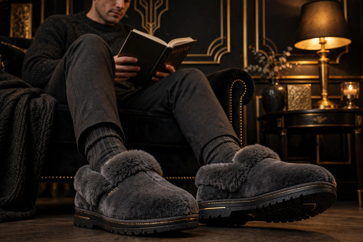 Homme lisant dans un fauteuil le soir, pantoufles fourrées aux pieds, chaussettes d'hiver et lumière chaude de lampe
