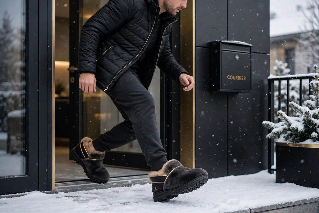 Homme sortant rapidement sur sa terrasse enneigée avec ses pantoufles pour prendre le courrier, semelle adaptée aux petites sorties