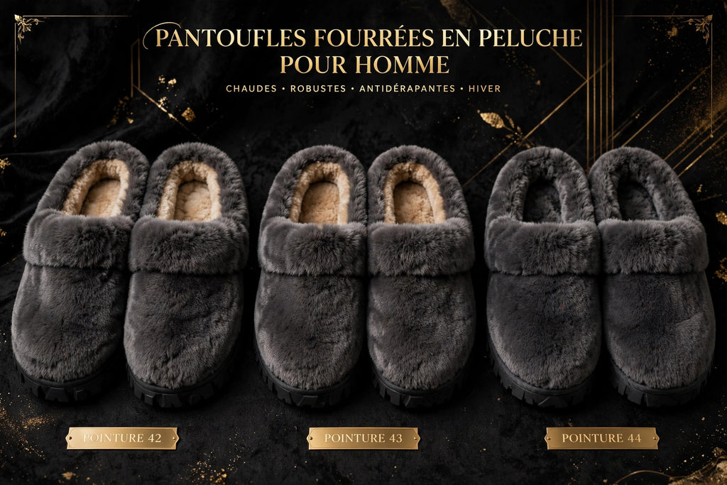 Trois paires de pantoufles pour homme alignées montrant les pointures, présentation nette sur fond sombre aux accents dorés