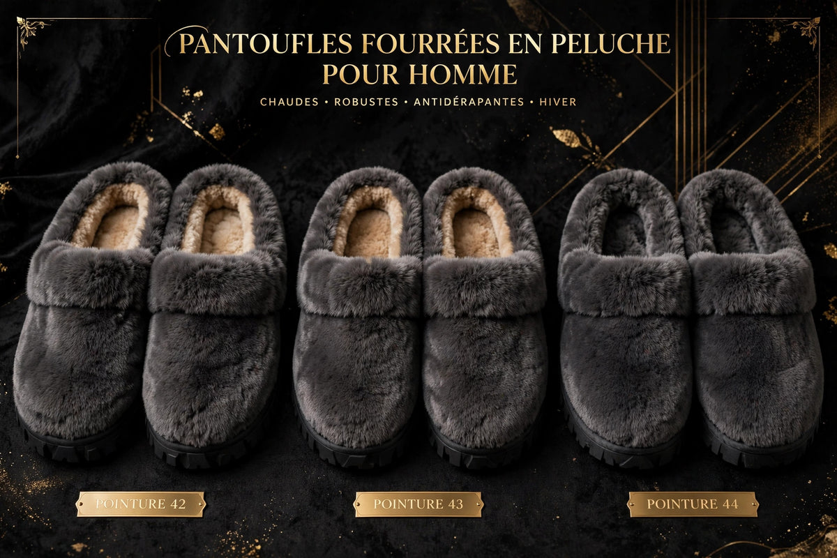 Trois paires de pantoufles pour homme alignées montrant les pointures, présentation nette sur fond sombre aux accents dorés