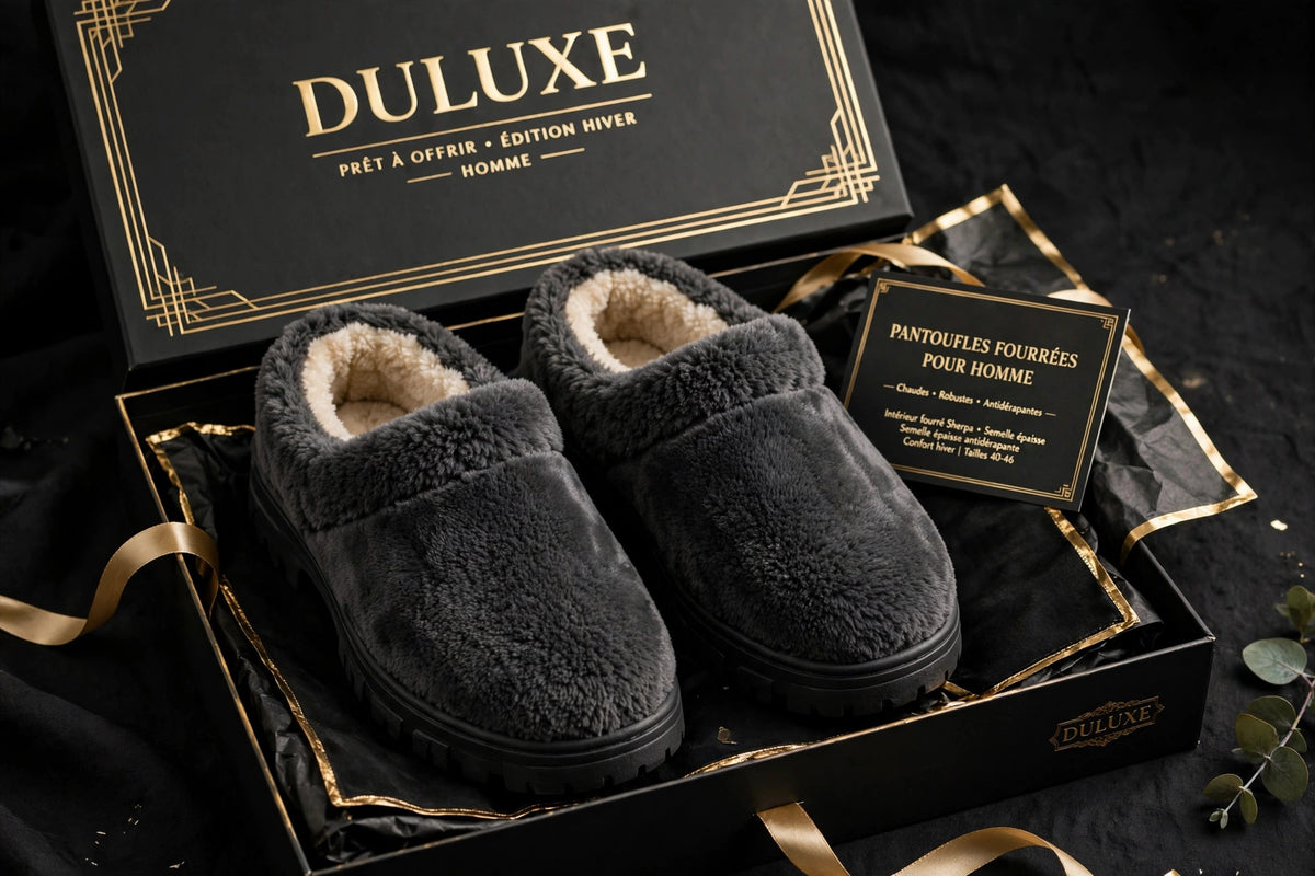 Paire de pantoufles fourrées pour homme présentée dans un coffret cadeau noir et doré DULUXE, prête à offrir