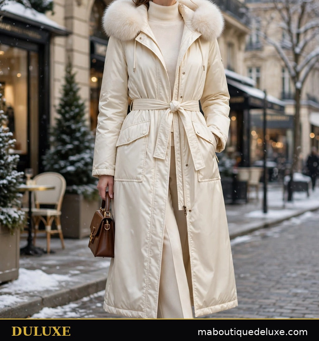 Femme portant la parka longue crème en nylon DULUXE à capuche fausse fourrure, vue complète élégante