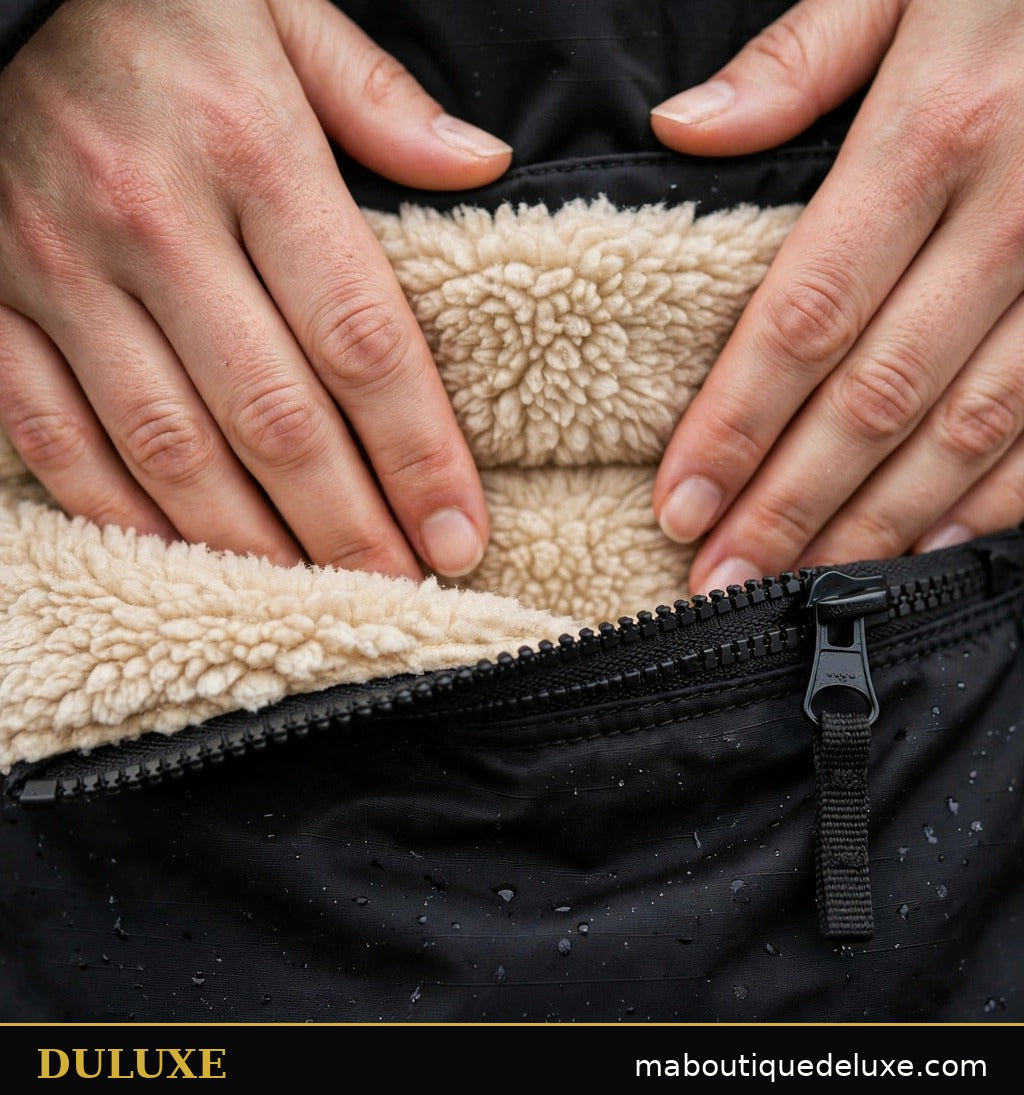 Détail des poches chaudes et zippées de la parka longue femme DULUXE en nylon noir