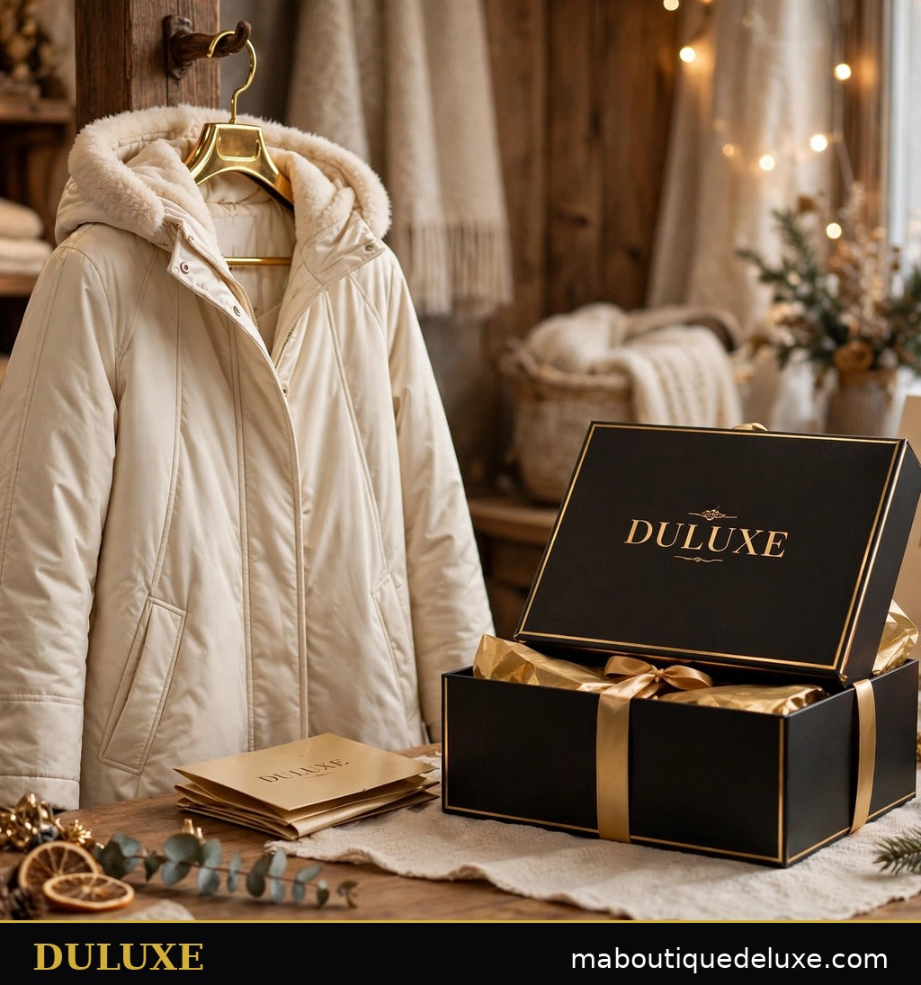 Parka longue crème DULUXE sur cintre doré à côté d'un coffret cadeau noir et or, ambiance luxe