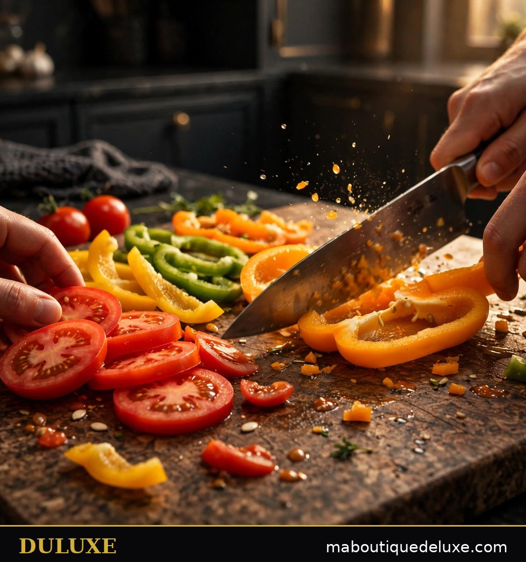 Découpe de légumes colorés sur une planche en fibre de bois DULUXE, couteau de chef en action