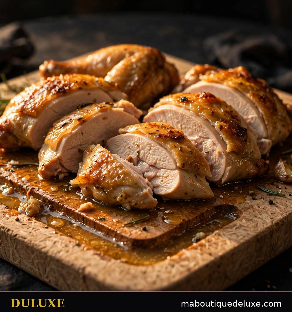 Poulet rôti tranché sur la grande planche DULUXE avec rainure à jus profonde