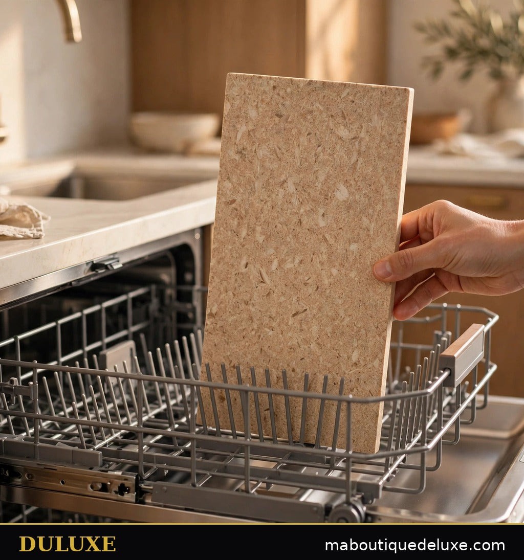 Planche à découper en fibre de bois DULUXE placée dans le panier d'un lave-vaisselle