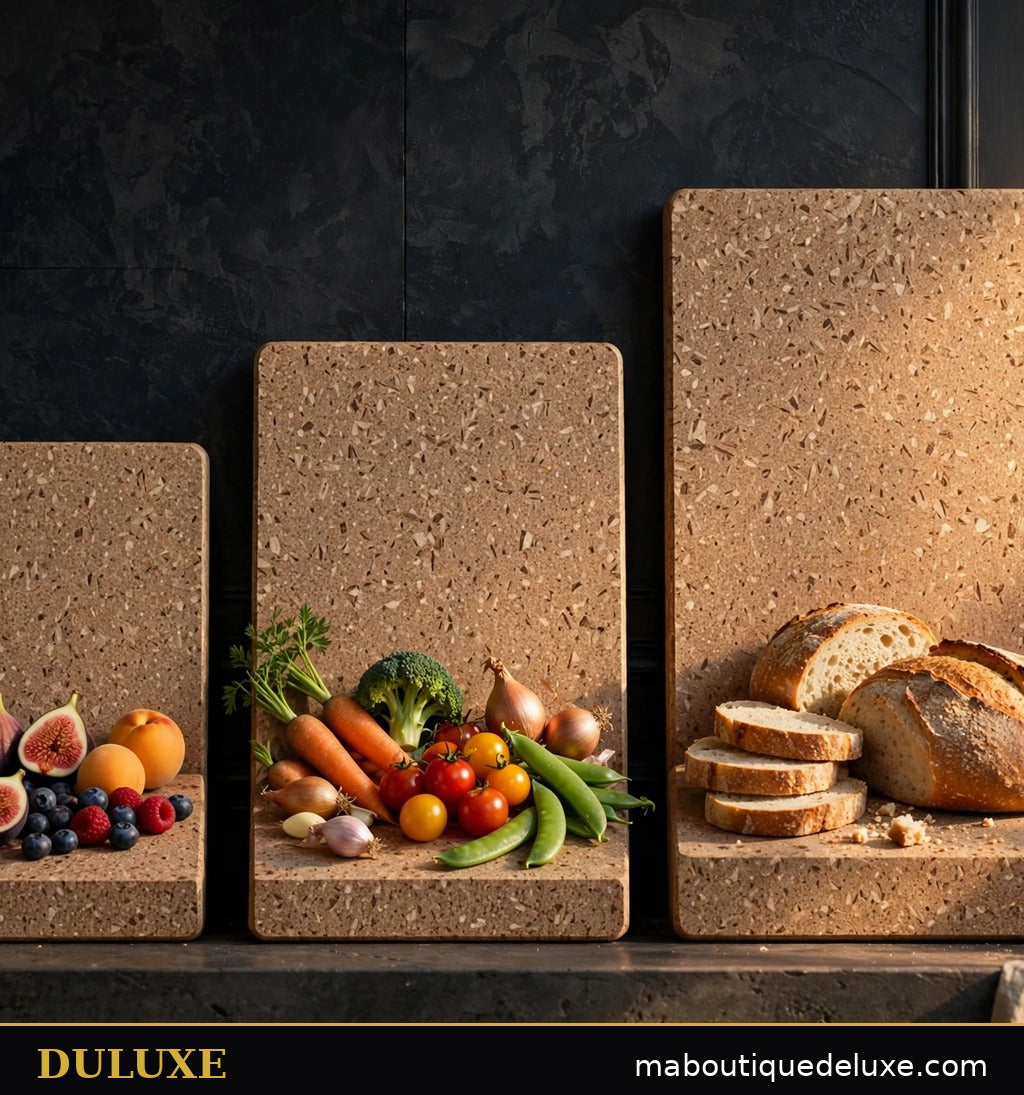 Trois tailles de planches en fibre de bois DULUXE alignées, fruits, légumes et pain