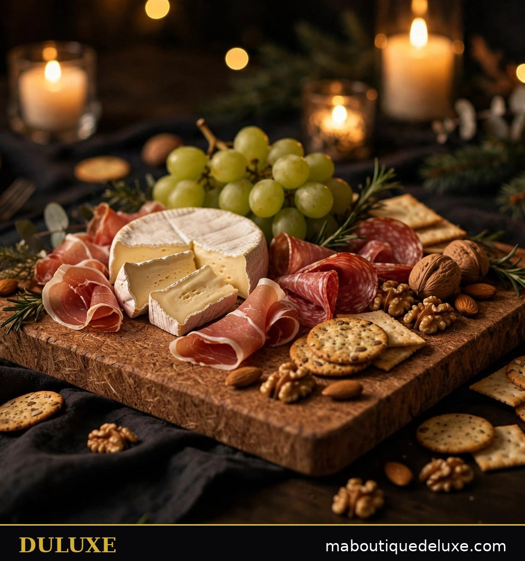 Planche en fibre de bois DULUXE utilisée en plateau de fromages et charcuteries sur une table de fête