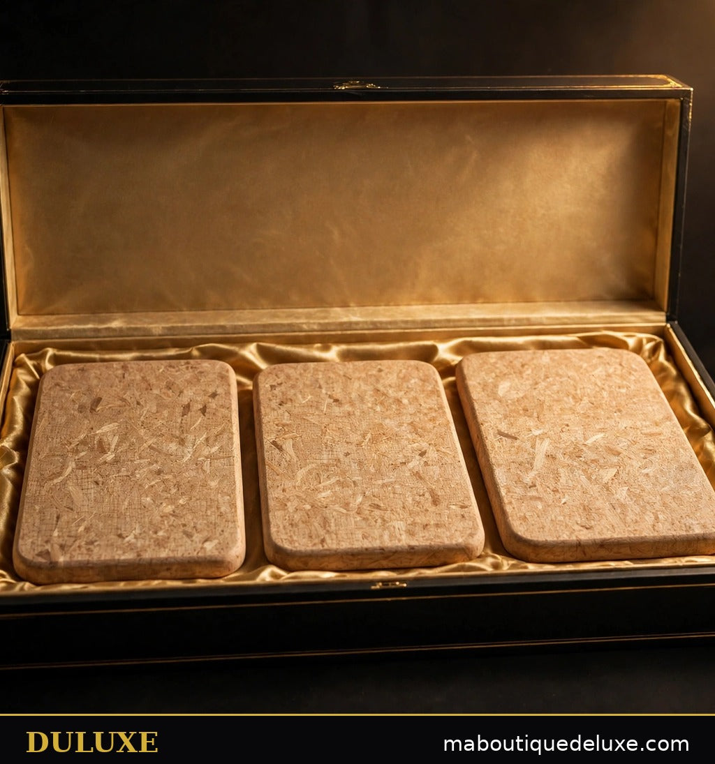 Coffret DULUXE noir et doré avec le trio de planches en fibre de bois, présentation cadeau premium
