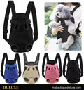 Porte-chien frontal DULUXE en maille respirante porté sur la poitrine, et ses quatre couleurs : noir, bleu, beige et rose