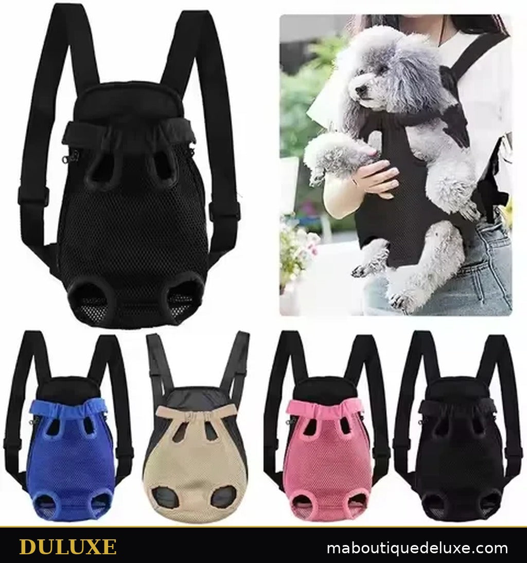 Porte-chien frontal DULUXE en maille respirante porté sur la poitrine, et ses quatre couleurs : noir, bleu, beige et rose