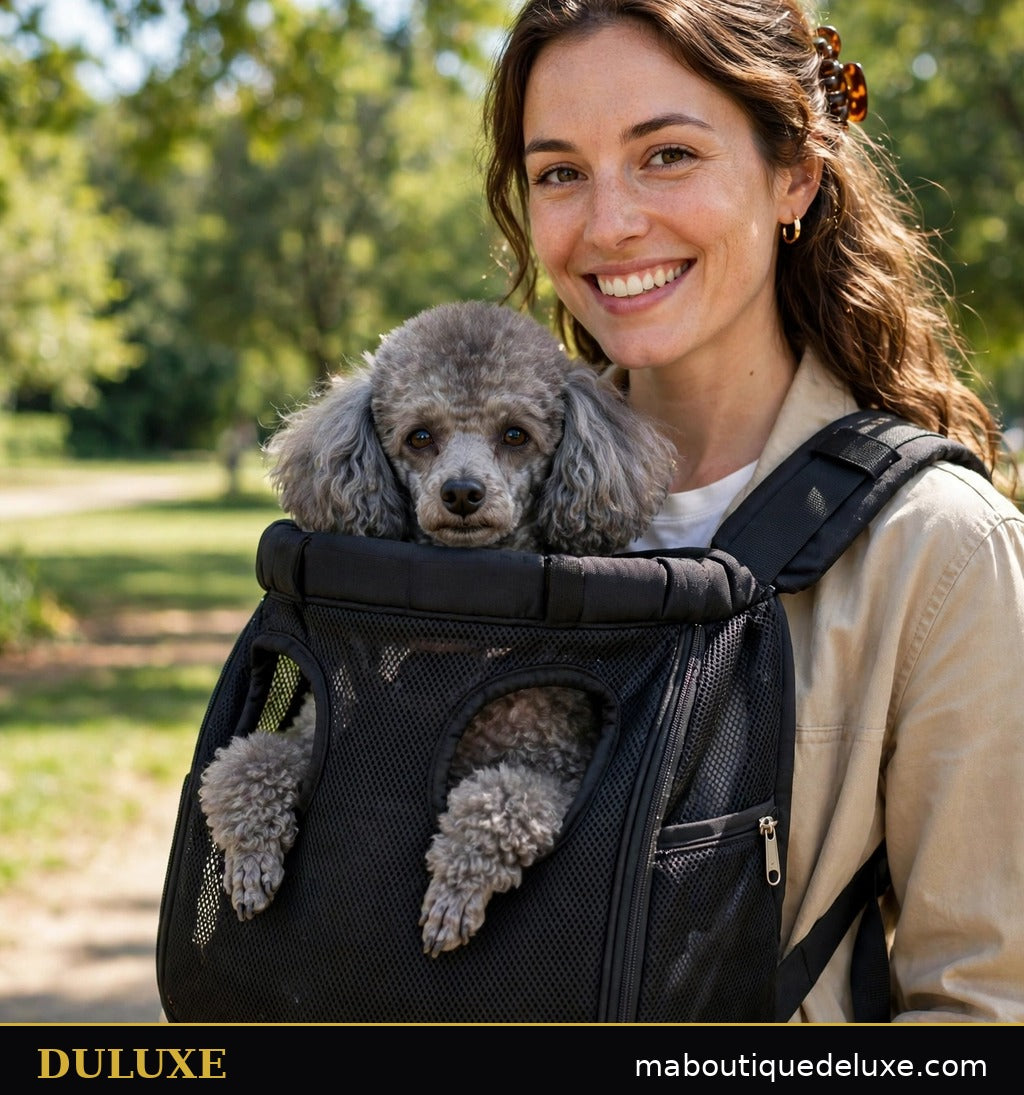 Femme en balade au parc portant son petit caniche dans le porte-chien frontal noir DULUXE, mains libres