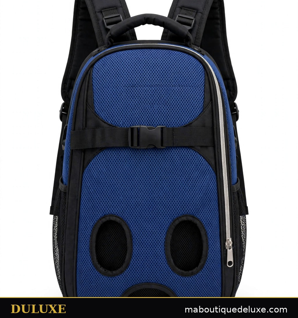 Porte-chien frontal bleu DULUXE en maille respirante vu de face, ouvertures pour les pattes et fermeture éclair latérale