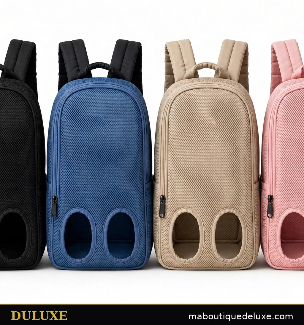 Les quatre couleurs du porte-chien frontal DULUXE : noir, bleu, beige et rose, en maille respirante