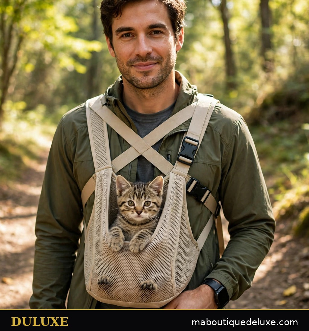 Homme en randonnée en forêt portant son chat dans le porte-chien frontal beige DULUXE, bretelles croisées