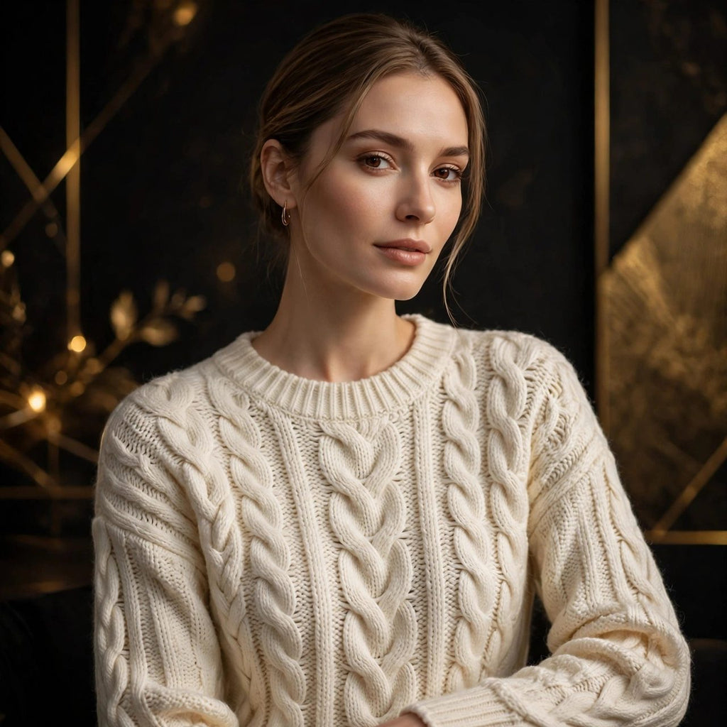 Pull crème en maille torsadée pour femme DULUXE porté par une femme élégante, visuel principal sur fond studio sombre aux accents dorés
