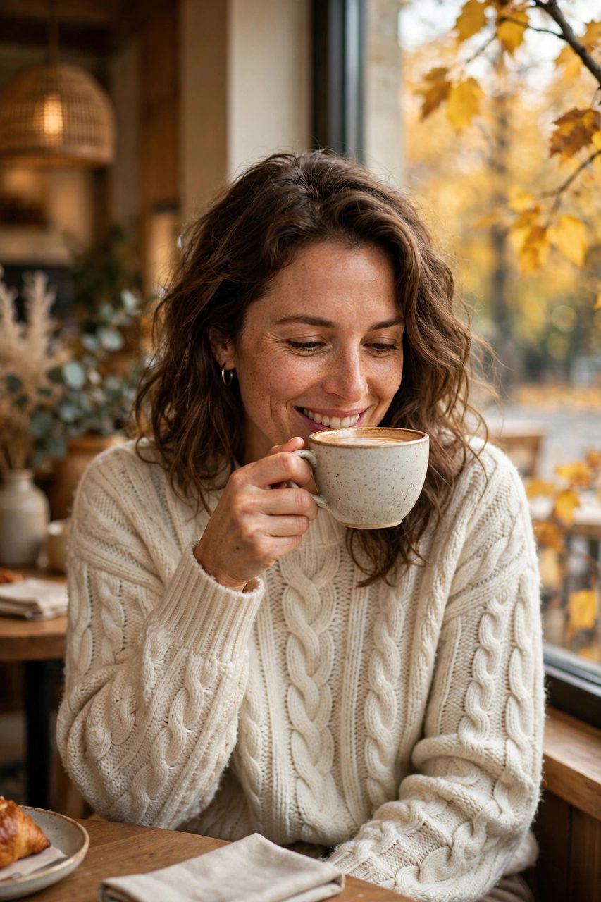 Pull crème en maille torsadée DULUXE porté au café en automne par une femme souriante, ambiance douillette