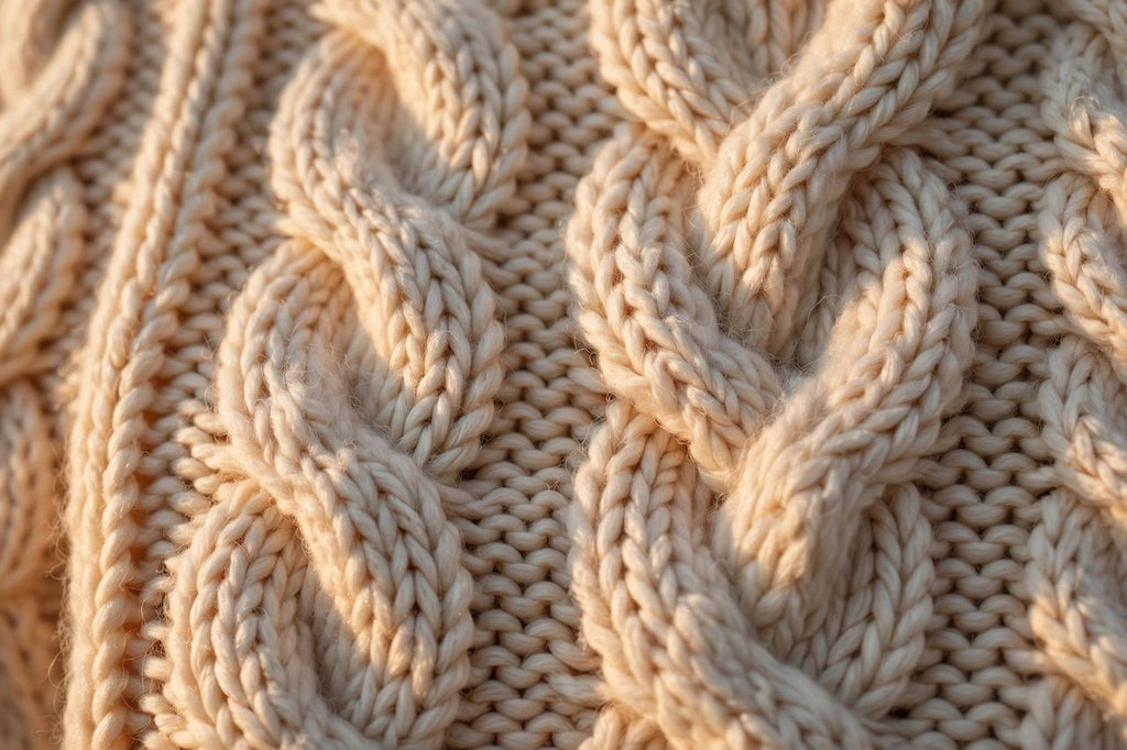 Gros plan de la maille torsadée en relief du pull crème DULUXE pour femme, tricot riche et épais
