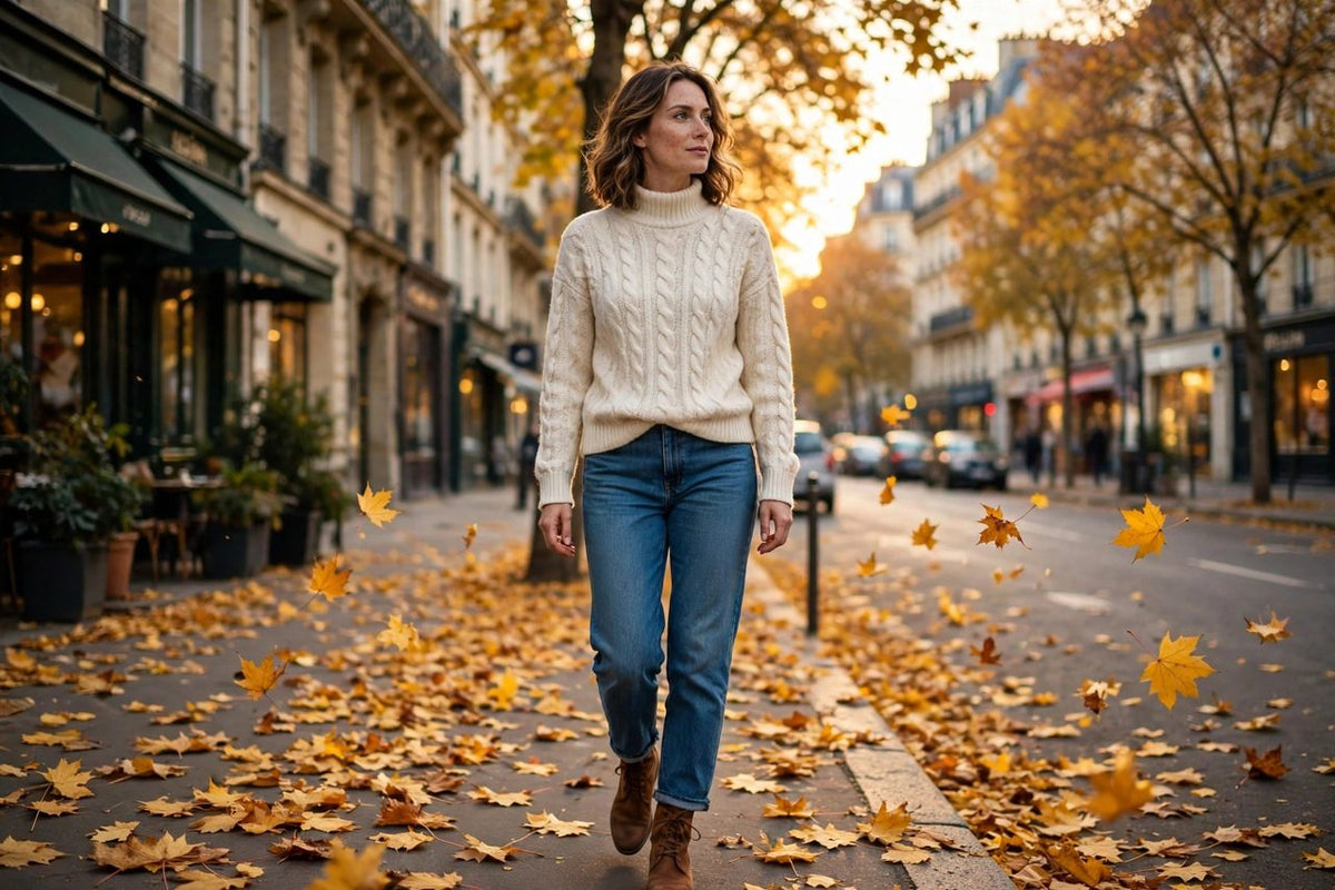 Pull crème en maille torsadée DULUXE porté avec un jean et des bottes dans une rue en automne