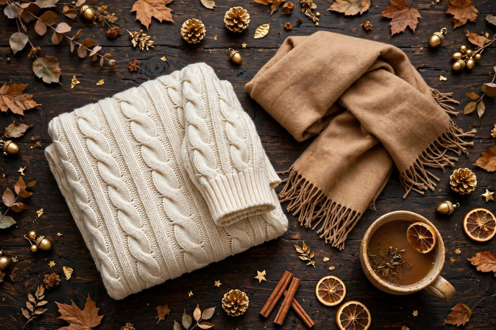 Pull crème en maille torsadée DULUXE plié sur une table avec des accessoires d'automne dorés