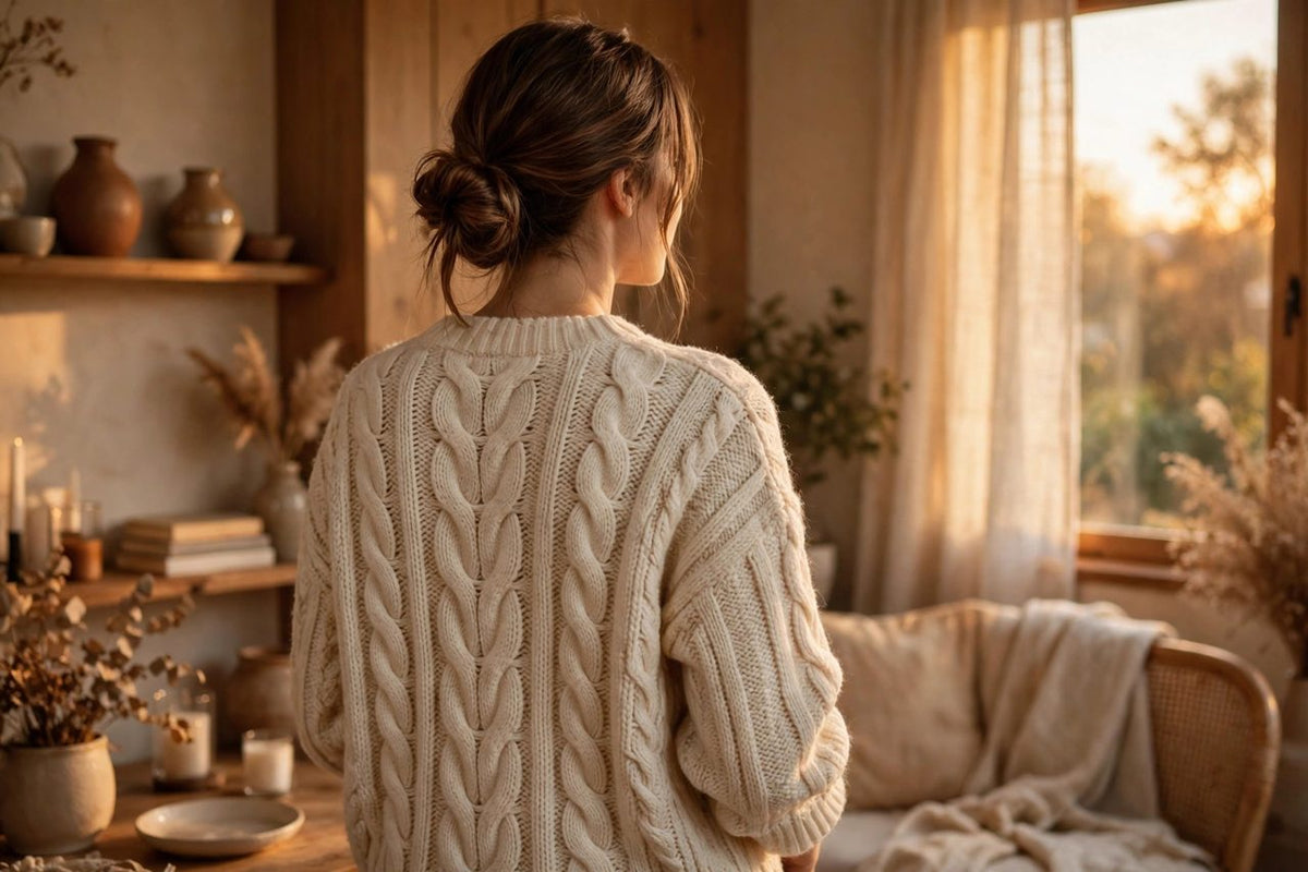Dos du pull crème en maille torsadée DULUXE porté par une femme, torsades visibles
