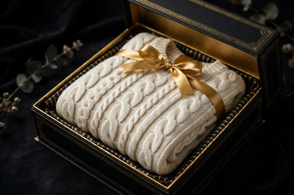 Pull crème en maille torsadée DULUXE plié dans un coffret cadeau noir et doré prêt à offrir