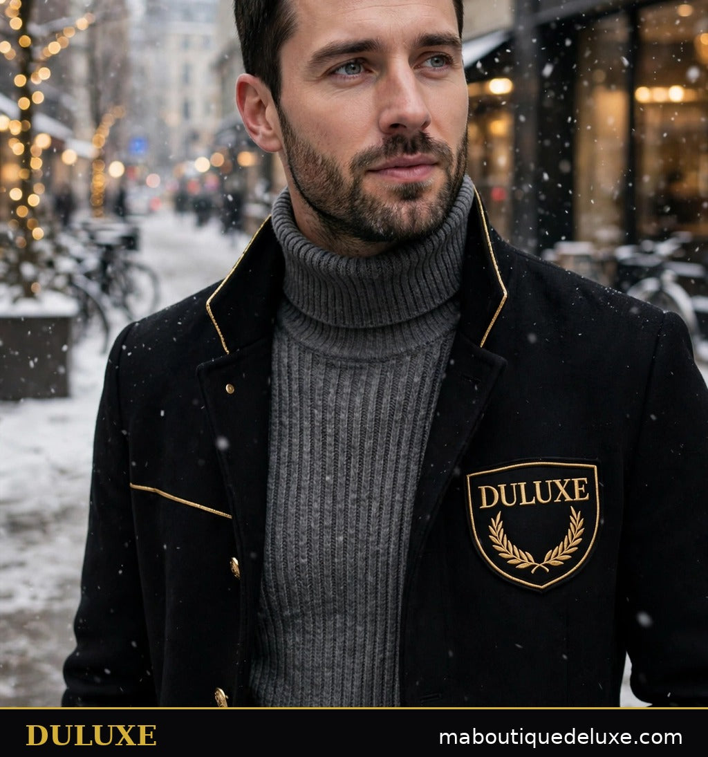 Pull col roulé pour homme DULUXE gris anthracite porté dans une rue enneigée en hiver