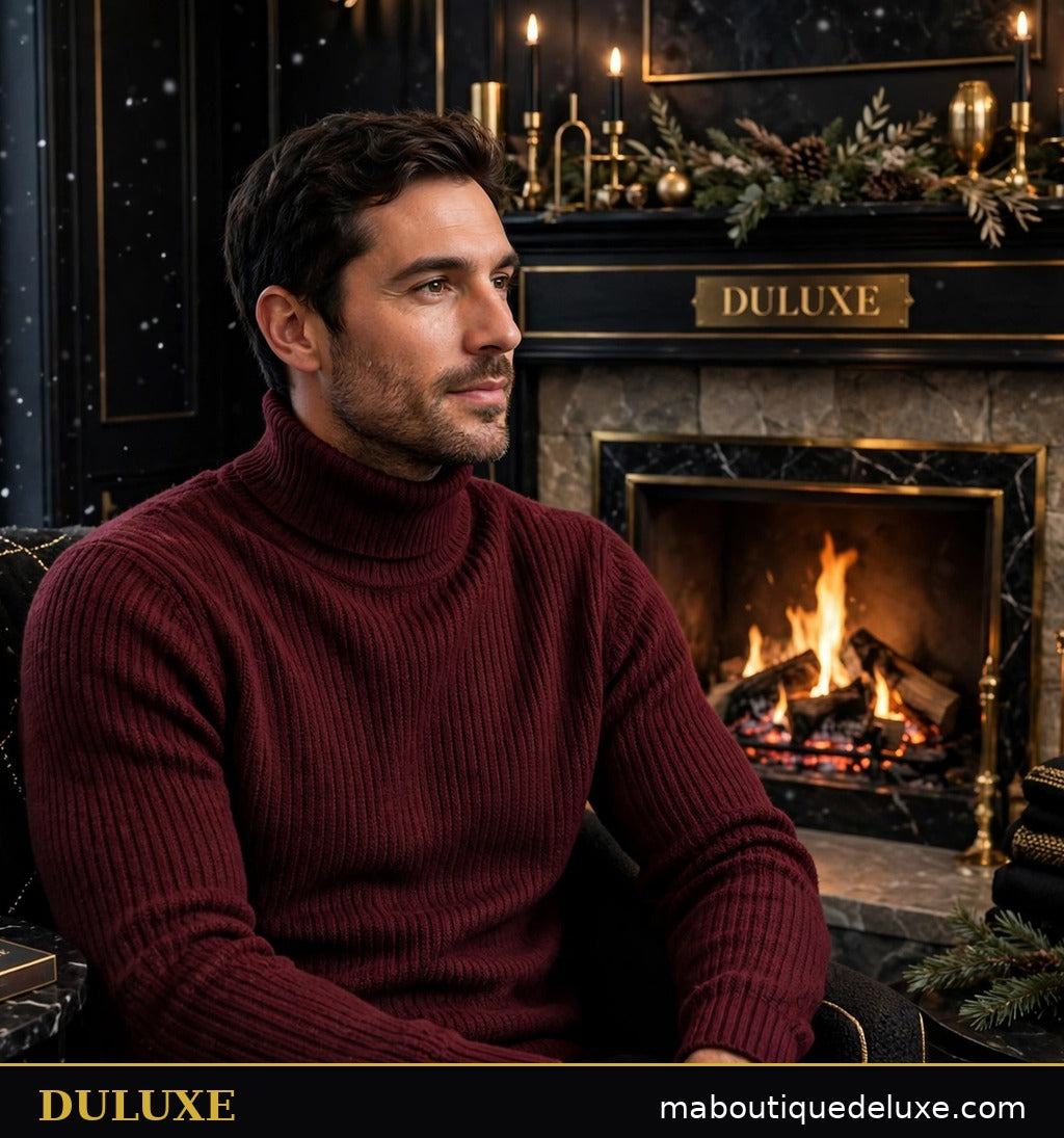 Pull col roulé pour homme DULUXE bordeaux porté près d'une cheminée, ambiance cocooning d'hiver