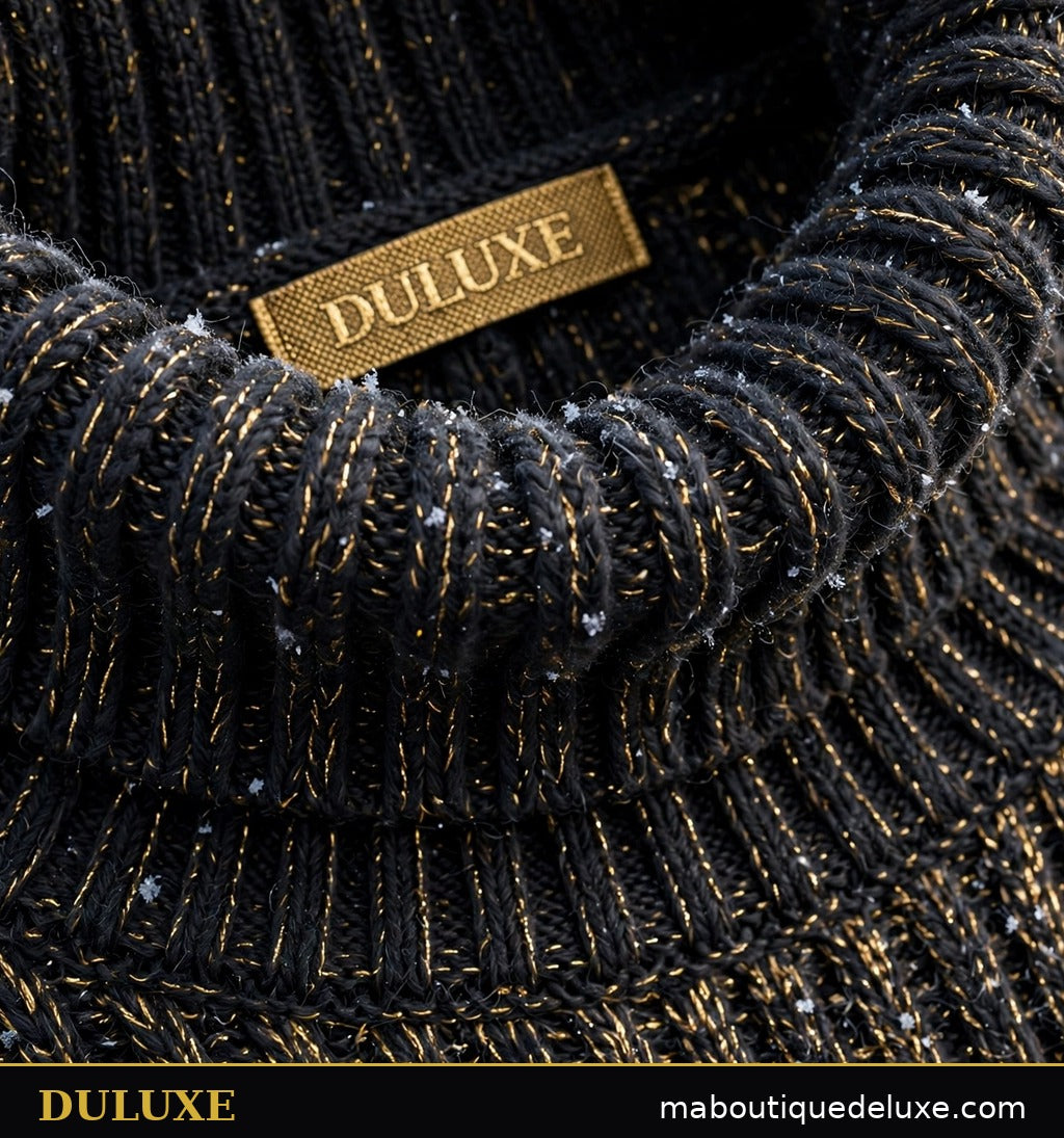 Gros plan sur la maille côtelée et le col roulé du pull pour homme DULUXE