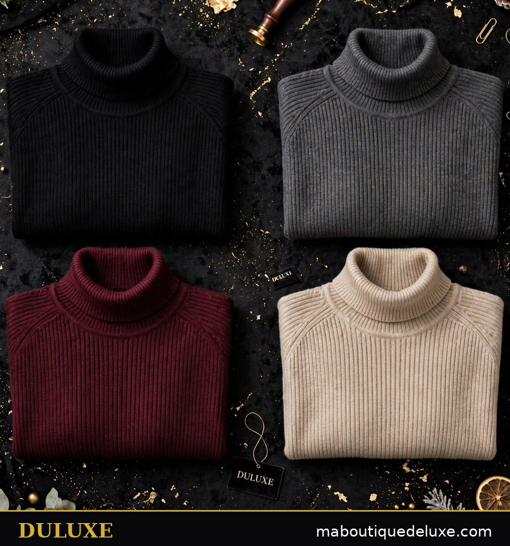 Pulls col roulé pour homme DULUXE à plat en quatre couleurs : noir, gris anthracite, bordeaux et beige, fond noir et doré