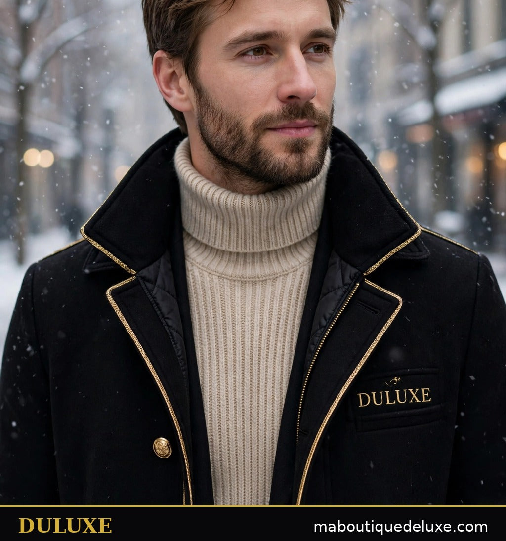 Pull col roulé pour homme DULUXE beige porté sous un manteau d'hiver, look élégant en couches