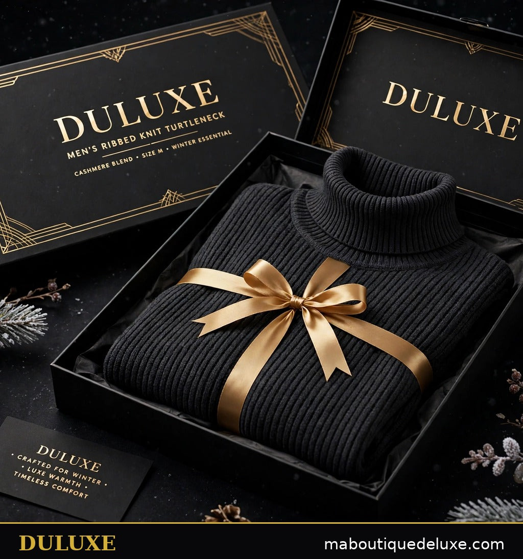 Pull col roulé pour homme DULUXE plié en présentation élégante sur fond noir avec accents dorés