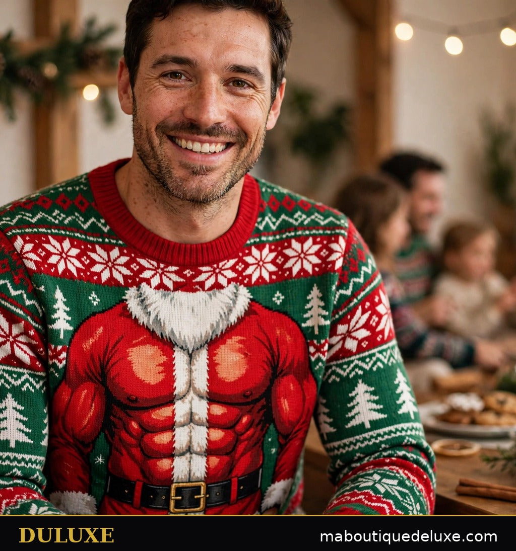Homme souriant portant le pull de Noël DULUXE au torse de Père Noël musclé en effet illusion