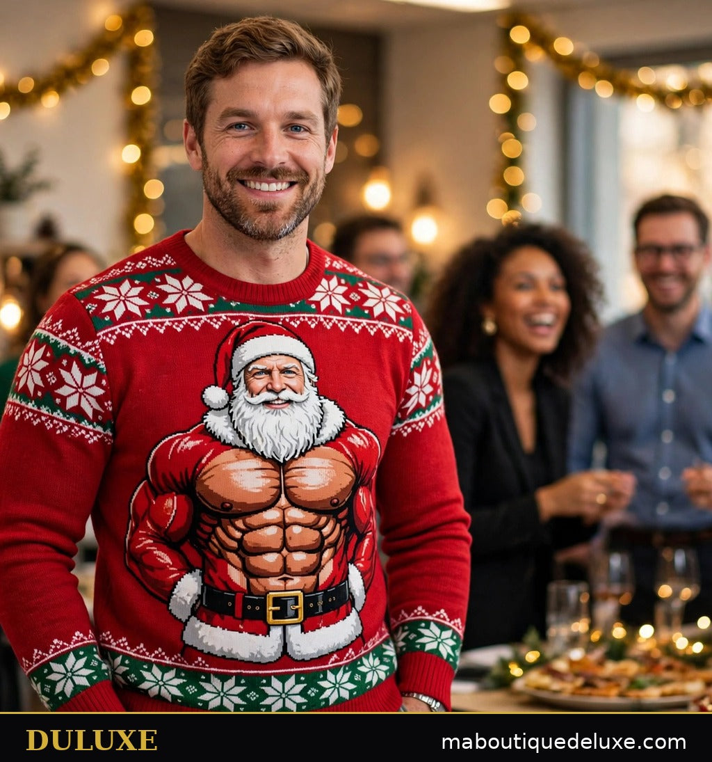 Homme au party de bureau des Fêtes portant le pull de Noël humoristique DULUXE Père Noël musclé