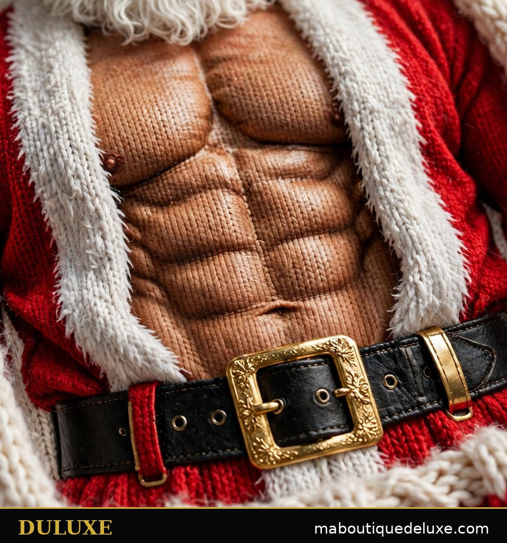 Gros plan sur l'imprimé torse de Père Noël musclé avec ceinture et boucle dorée du pull DULUXE